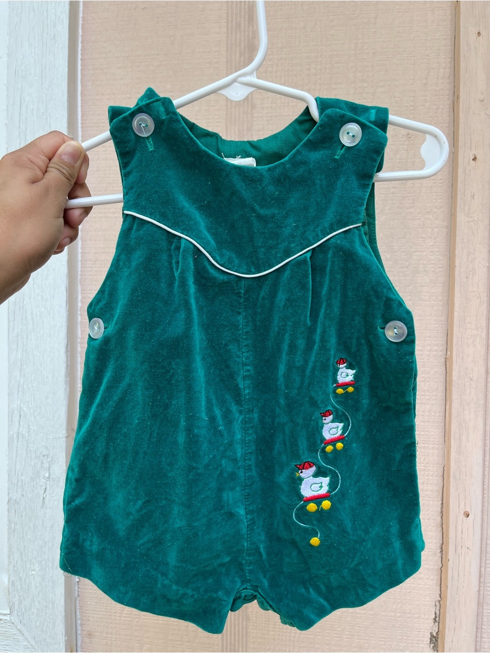 Green Velvet Baby Romper with Duck Embroidery
